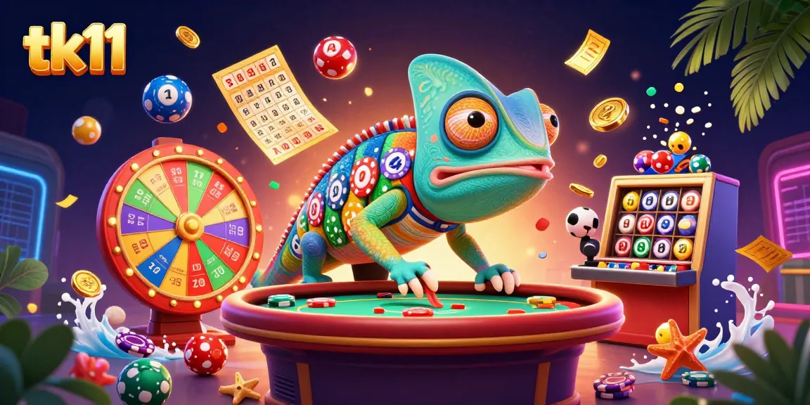 Witness the vibrant tk11 experience with an energetic chameleon casino owner amidst colorful lottery elements.