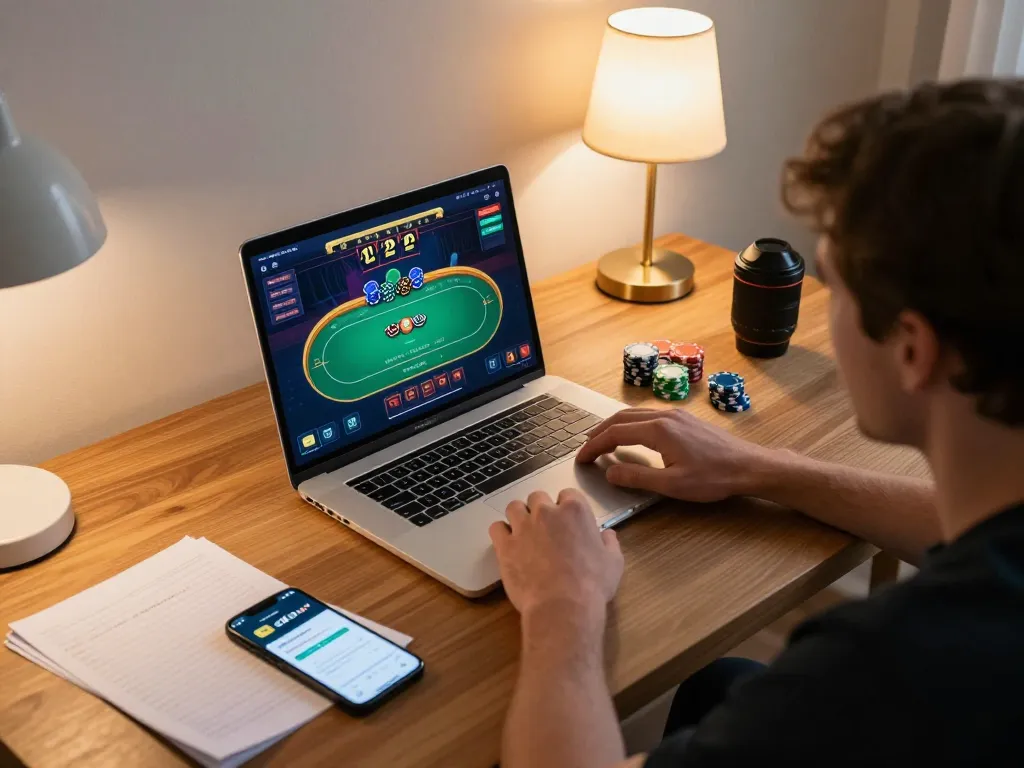 A person engaging with an online casino on their laptop featuring the g28 link app, creating a cozy gambling atmosphere