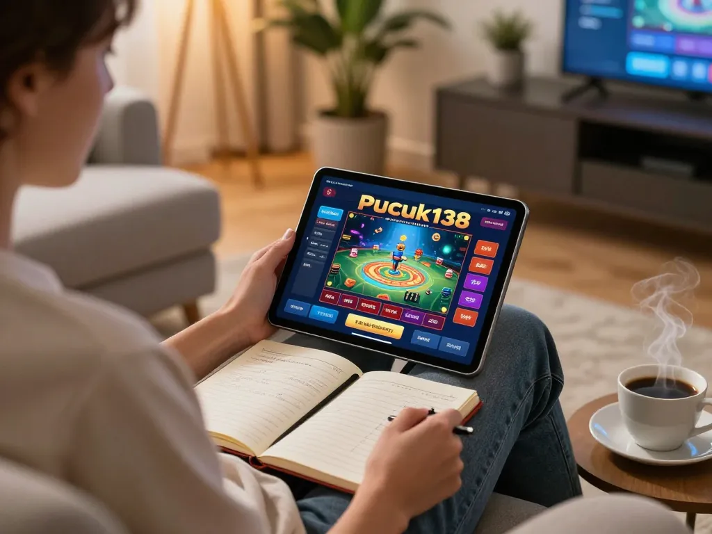 Player engaged in online gaming on pucuk138 tablet, cozy ambiance with betting notes.