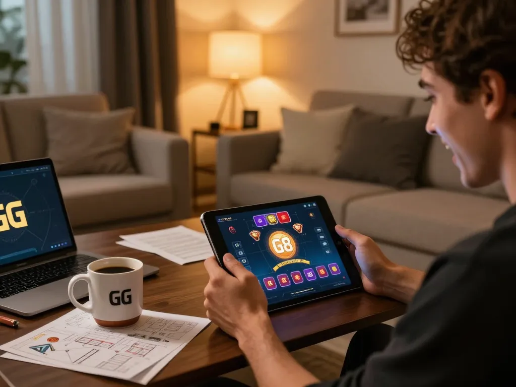 Engaged user playing GG 88 casino app in a cozy living room with strategic notes