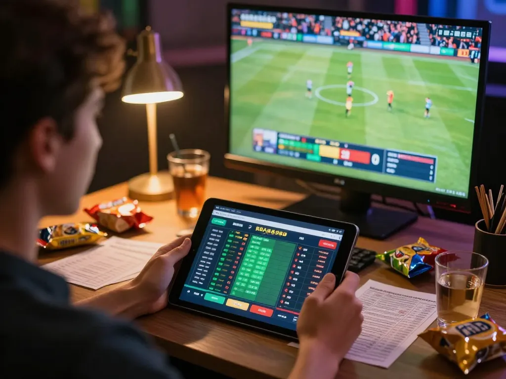 Nk88 user placing bets on sports via tablet during a live game, capturing the thrilling atmosphere.