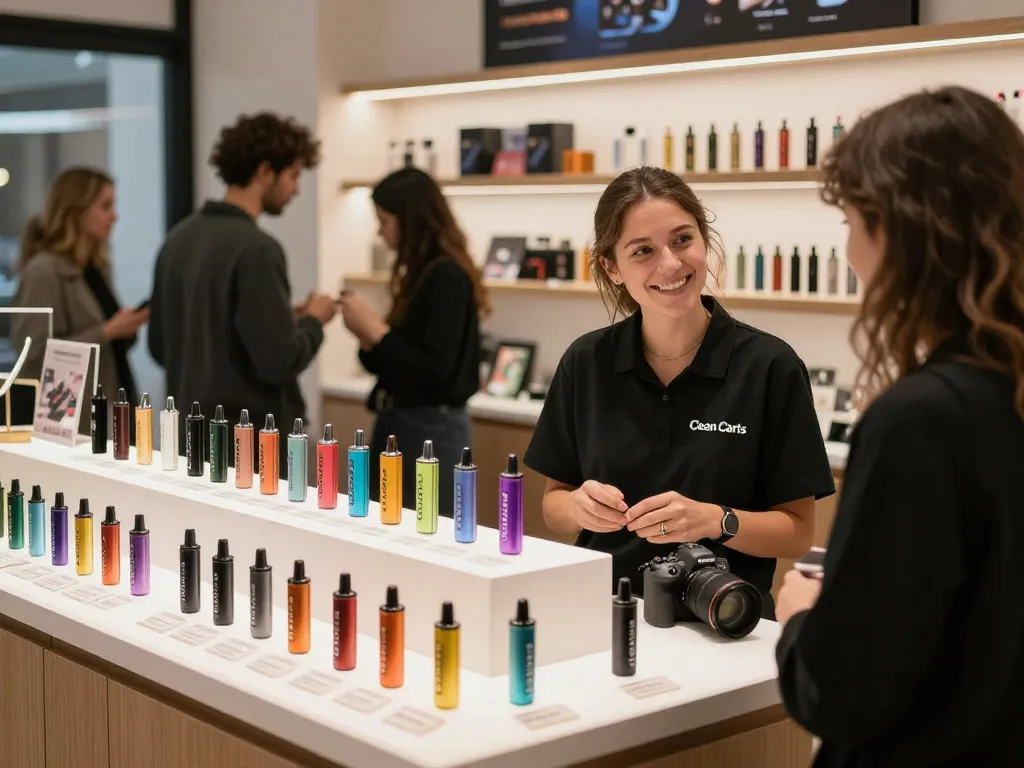 Clean Carts Official Website display showcasing diverse vaping products in a welcoming shop environment.