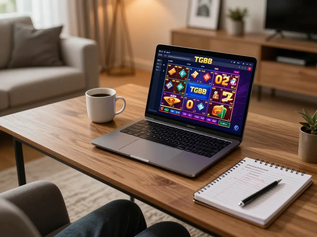 Players engaging with the TG88 casino platform on a sleek laptop, showcasing a vibrant online gaming setup