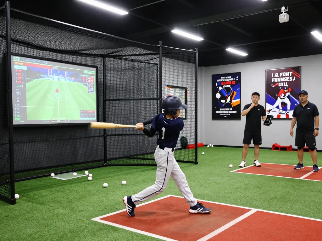 Young athlete at the hit club batting cage improving skills under coaching guidance.