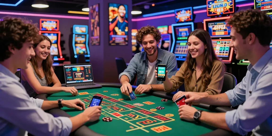 A lively casino scene showcasing friends enjoying games while using credit cards for deposits at https://gdsap.org.uk, vibrant and festive atmosphere.