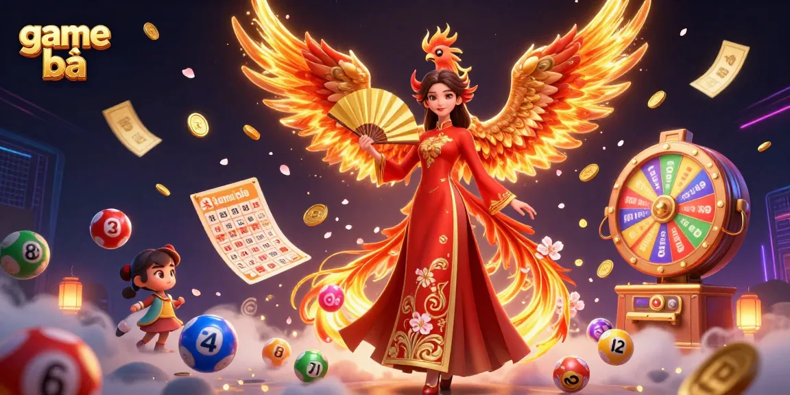 Experience the thrill of game bài with vibrant 3D visuals featuring a graceful woman and a phoenix.