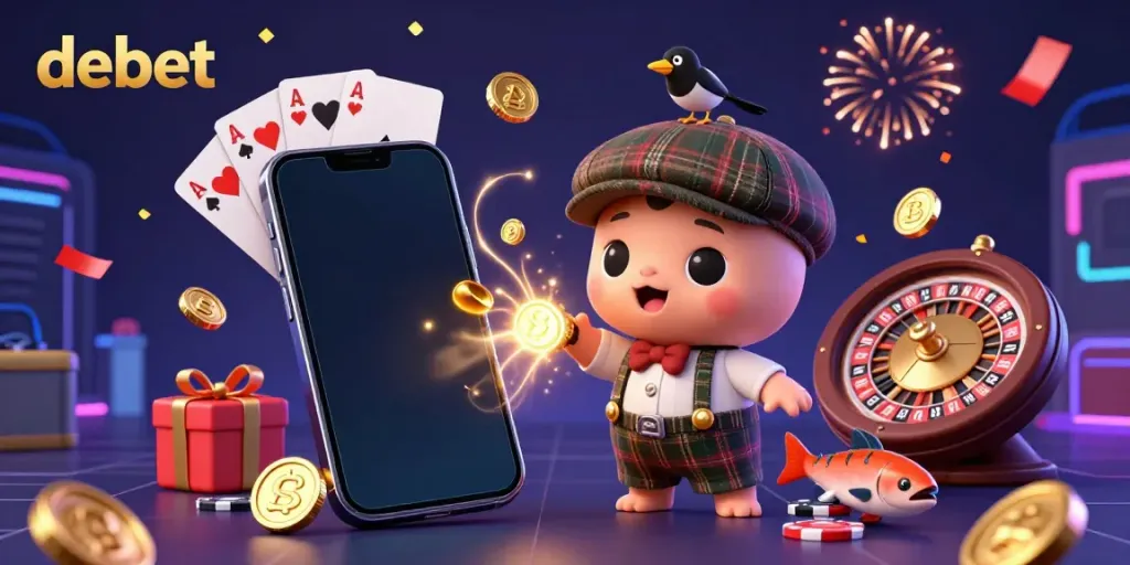 Experience excitement with debet in a vibrant casino scene featuring Nessie and gaming elements.