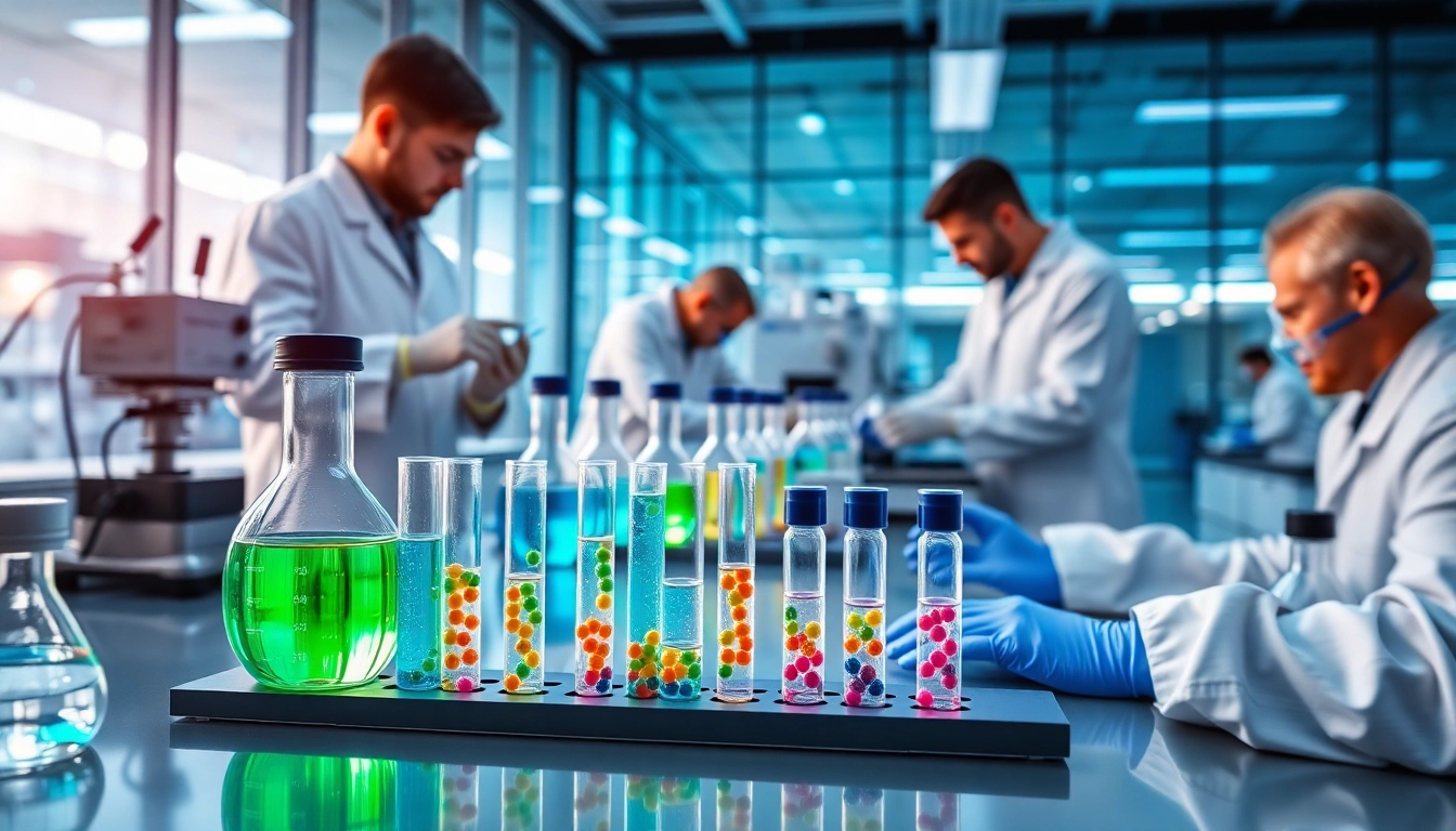 Explore Peptides UK through a vibrant lab scene showcasing peptide synthesis in action.