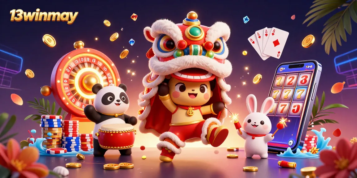 Experience winning excitement at 13winmay with vibrant casino elements and lively characters celebrating.