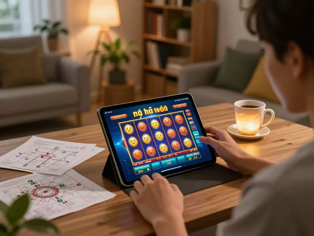 Engaged player enjoying nổ hũ đổi thưởng on tablet in cozy home setting, capturing online gambling experience.