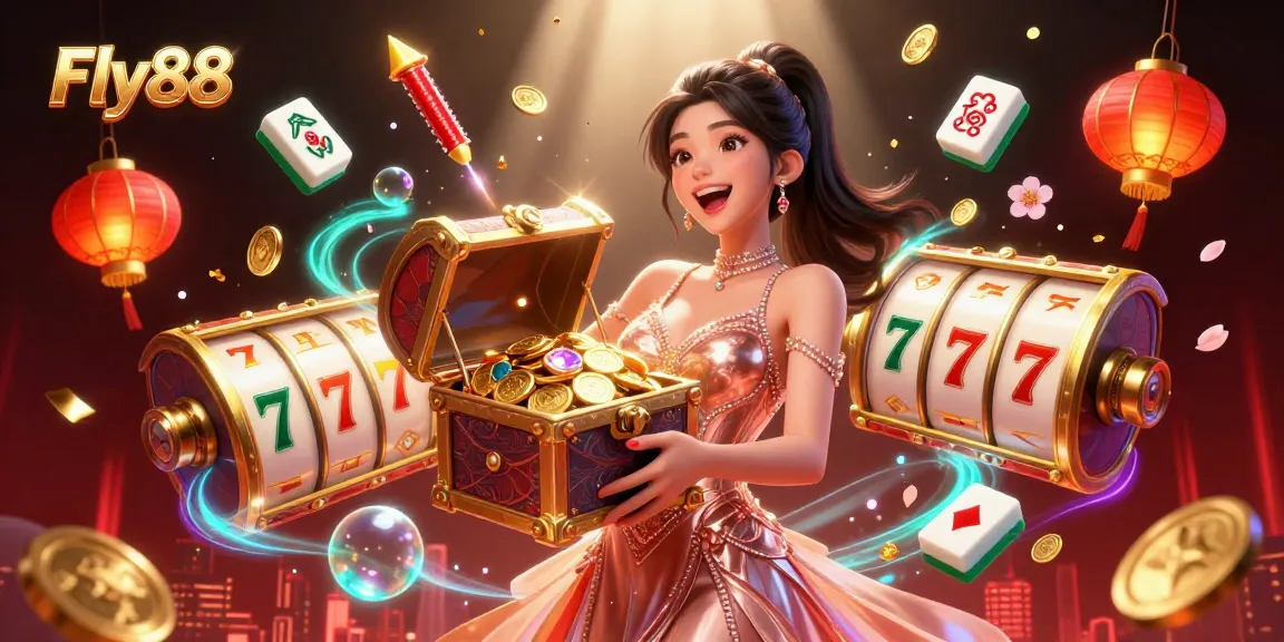 Experience excitement with Fly88’s joyful character revealing a treasure chest of riches along with dynamic casino elements.