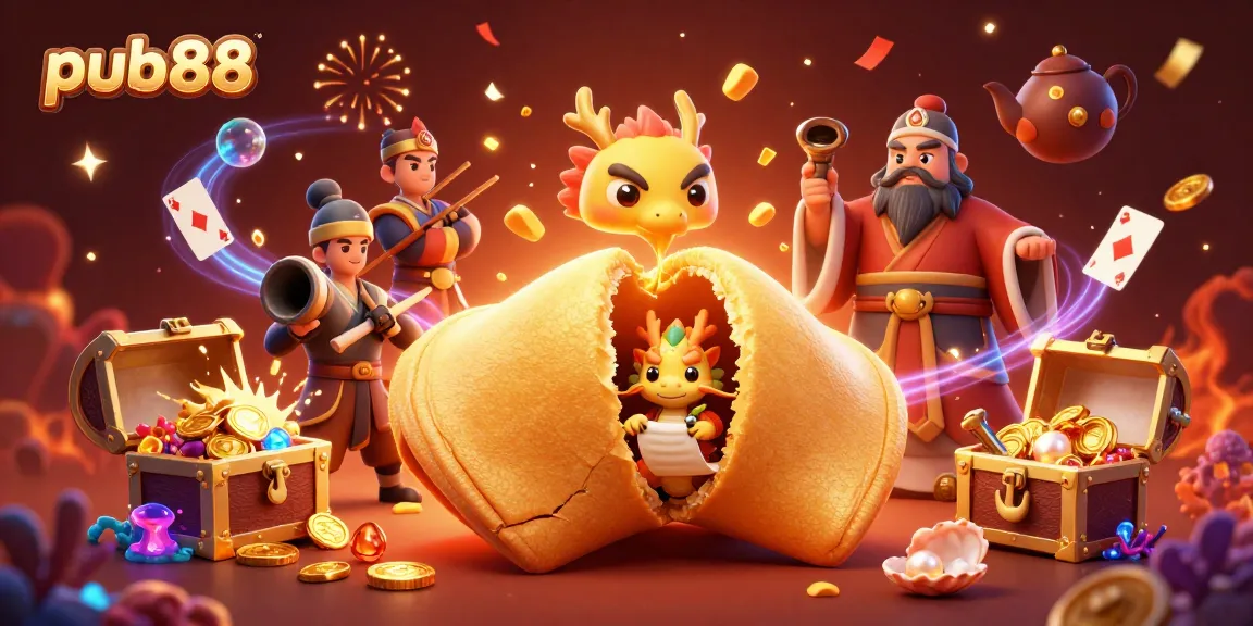 Win at pub88 with a vibrant 3D casino scene filled with fortune cookies and riches.