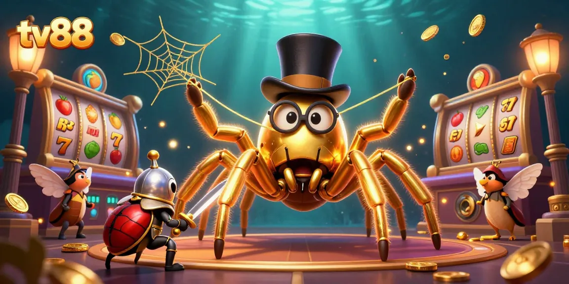 Experience the excitement of tv88 with this vibrant illustration showcasing a golden tarantula weaving a casino web.