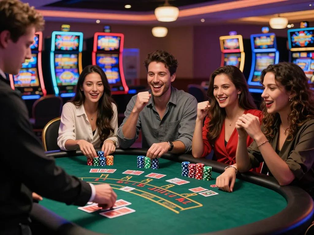 Exciting gambling scene at https://rikbet.in.net/ where friends celebrate a blackjack win in vibrant casino.