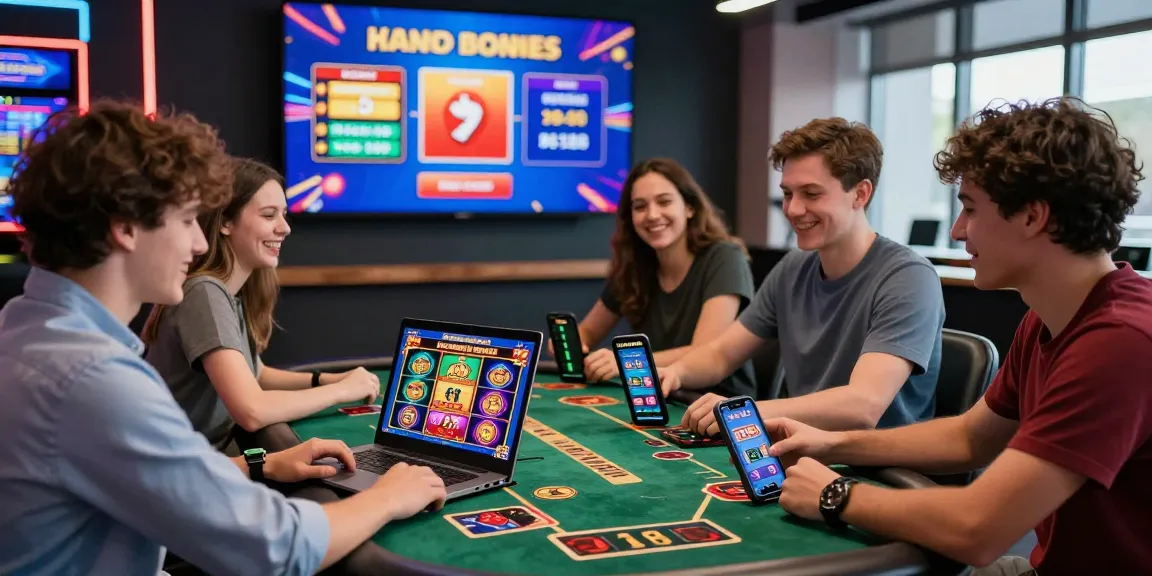 Players enjoying credit card casinos, engaging in gaming on laptops and phones, surrounded by vibrant casino atmosphere.