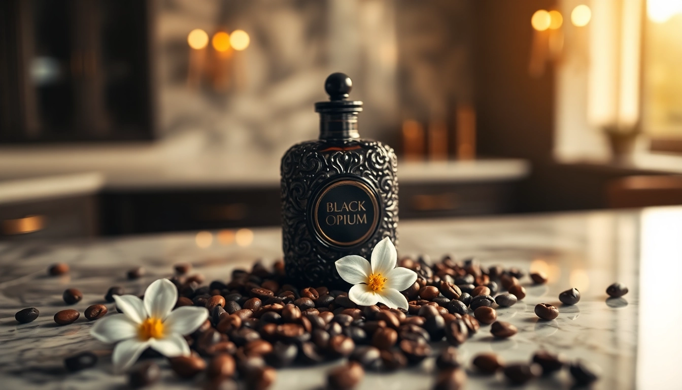Admire Black opium perfume elegantly presented among coffee beans and white flowers.