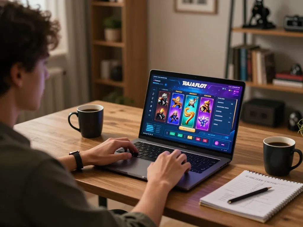 Pemain yang terlibat menikmati raja slot di laptop dalam lingkungan rumah yang nyaman, menyoroti permainan strategis.
