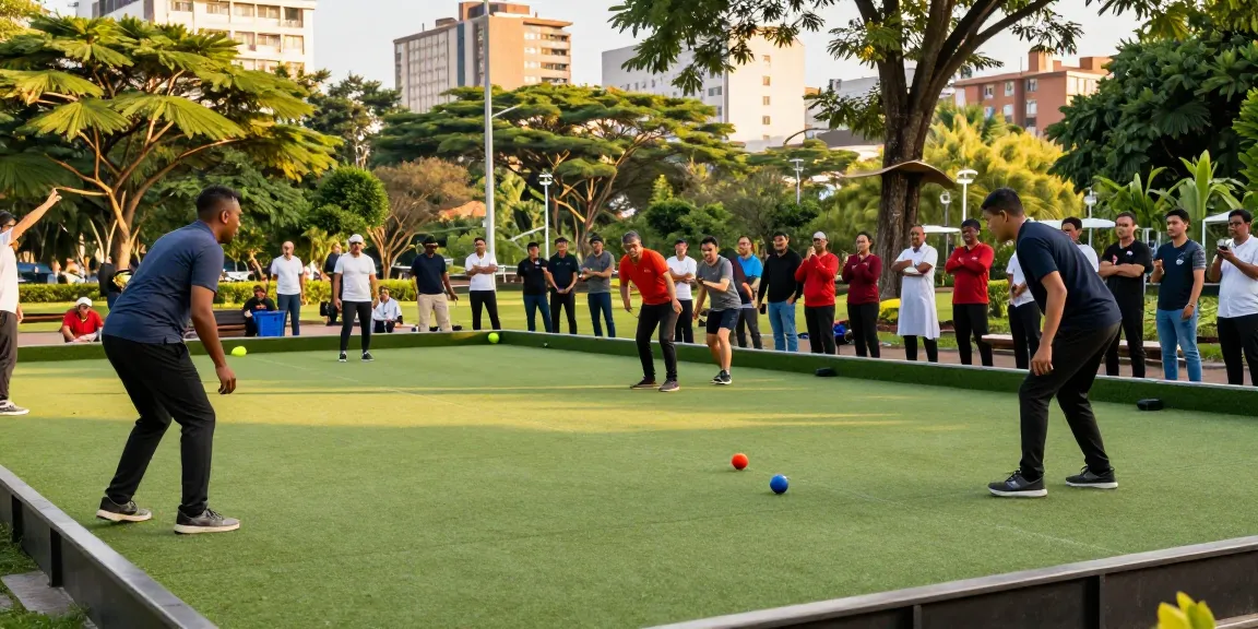 Engaging petanque match scene at fopikotakendari.org, showcasing diverse players and community spirit.