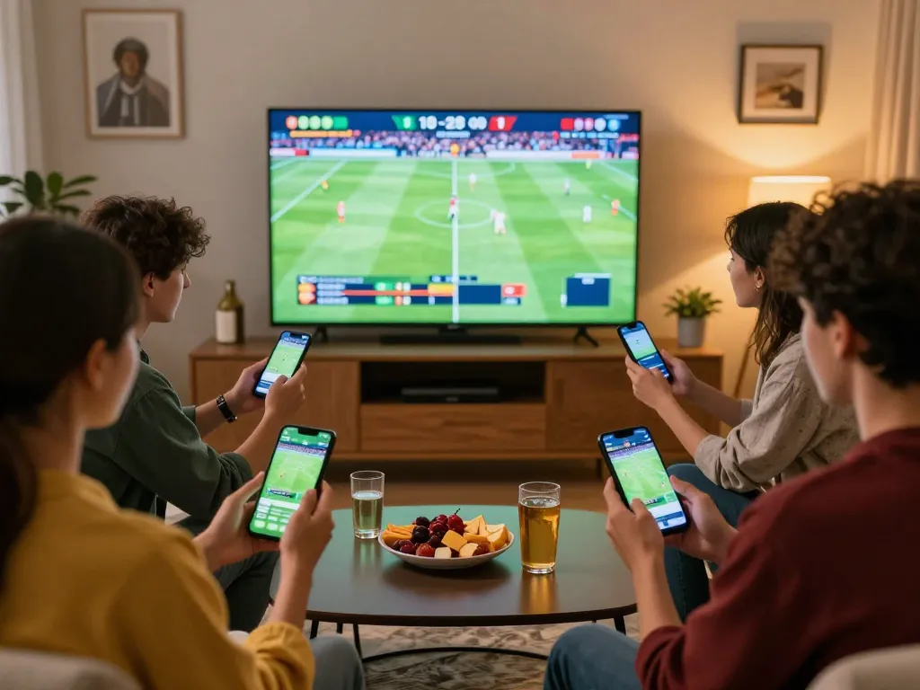 Friends engaging in tỷ lệ bóng đá nhà cái betting strategies while watching live sports on a big screen.