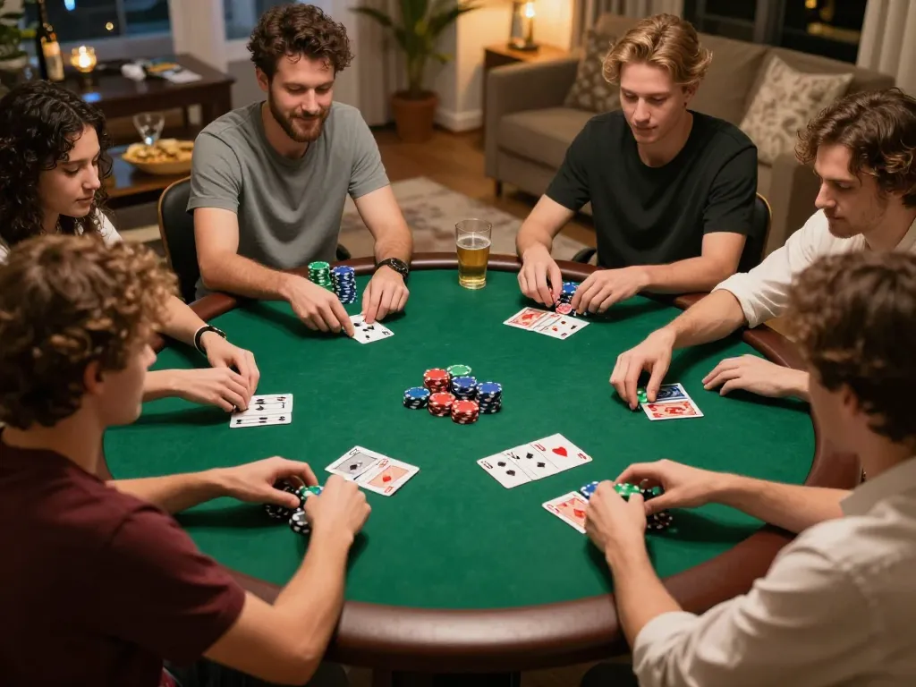 Tỷ lệ kèo nhà cái hôm nay reflected in the intense atmosphere of a home poker night, with players strategizing around a green felt table.