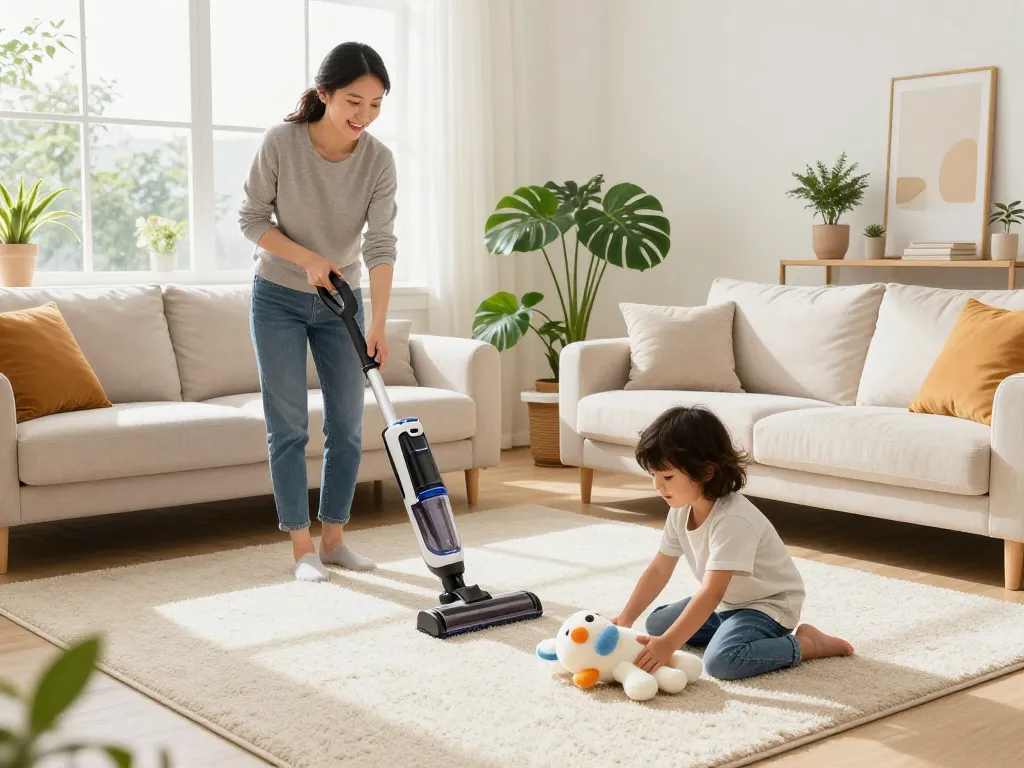 Home hygiene & allergy awareness sites showcased by a family cleaning sofa and carpet together, emphasizing a healthy living environment.