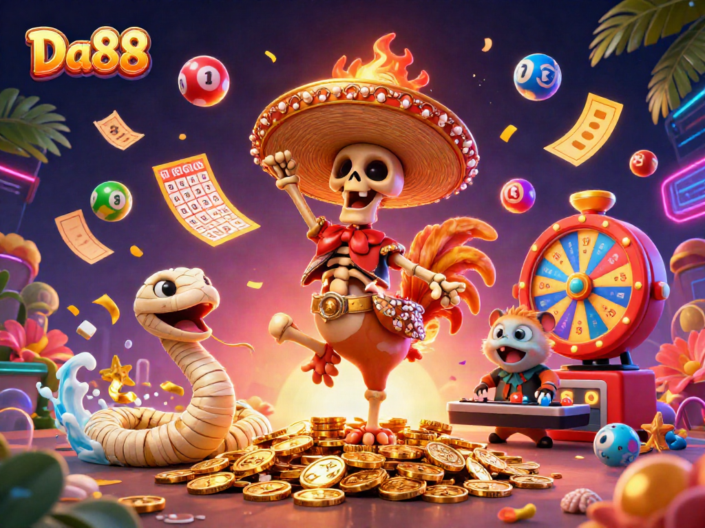 Experience the thrill of Da88 at an exhilarating casino scene with vibrant game elements and characters.