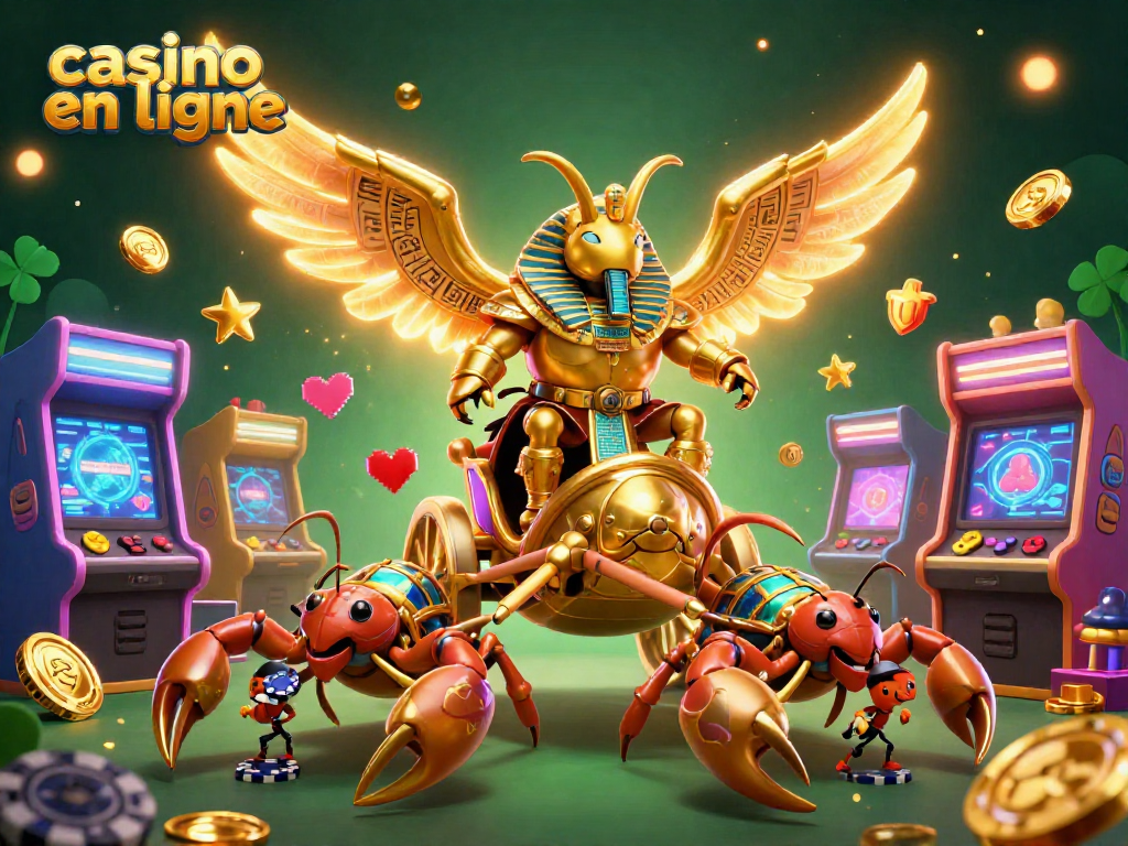 Vivez l'excitation du casino en ligne avec un scarabée doré et des scorpions, au cœur d'une scène animée.