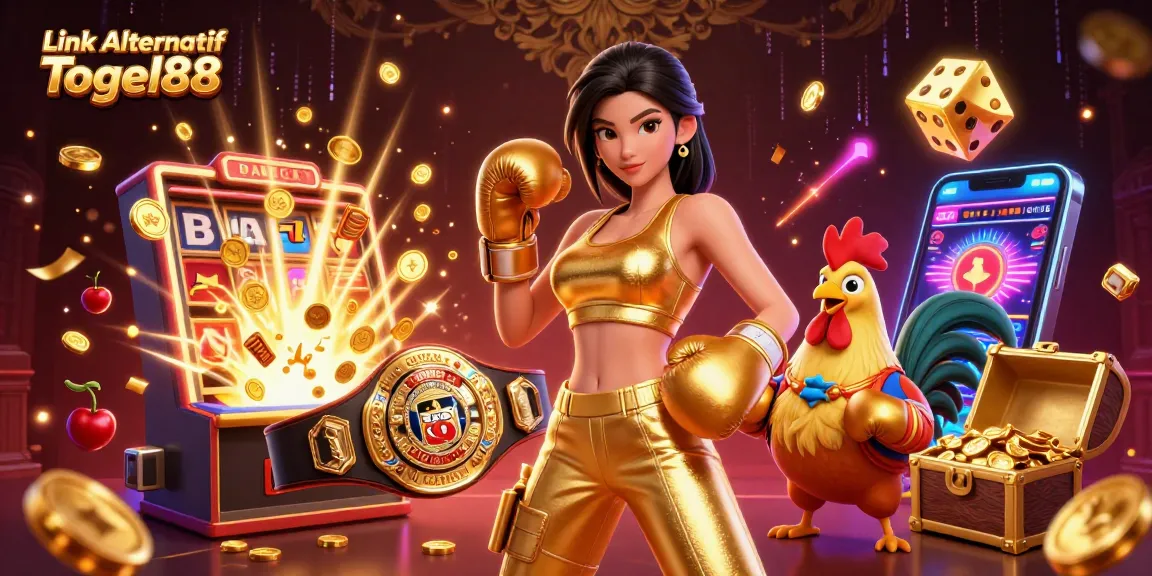 Win big with Link Alternatif Togel88 in a dynamic casino scene featuring golden symbols and colorful game elements.