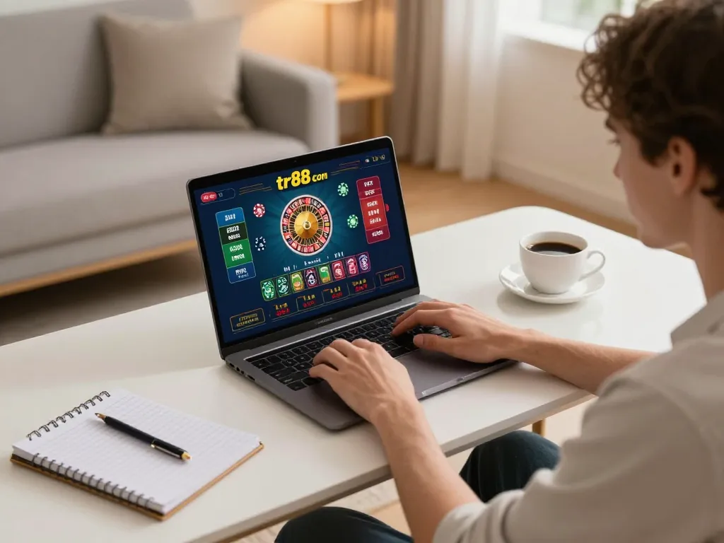 Engaging gameplay on tr88 com with a person using a laptop, betting on roulette in a cozy home setup