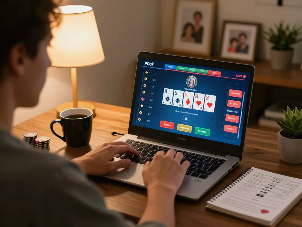 Engaging online poker gameplay on laptop showcasing trang chủ go99 strategy notes and cozy home setup