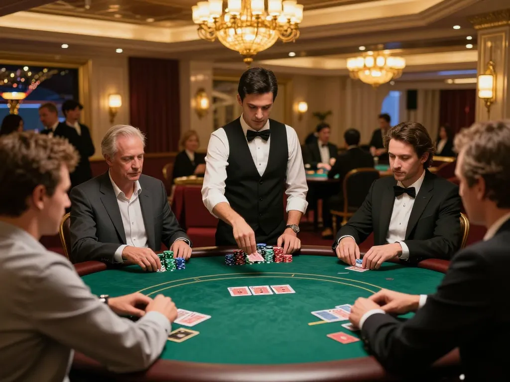 Players strategizing in a high-stakes poker game at a luxurious casino with rokok 88 vibes.