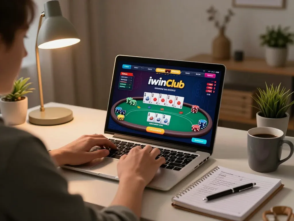 Using iwinclub online casino gaming on a laptop with poker table interface displayed.