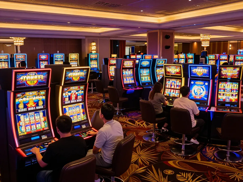 Players celebrating wins at Slot Malaysia in a vibrant casino floor filled with colorful slot machines