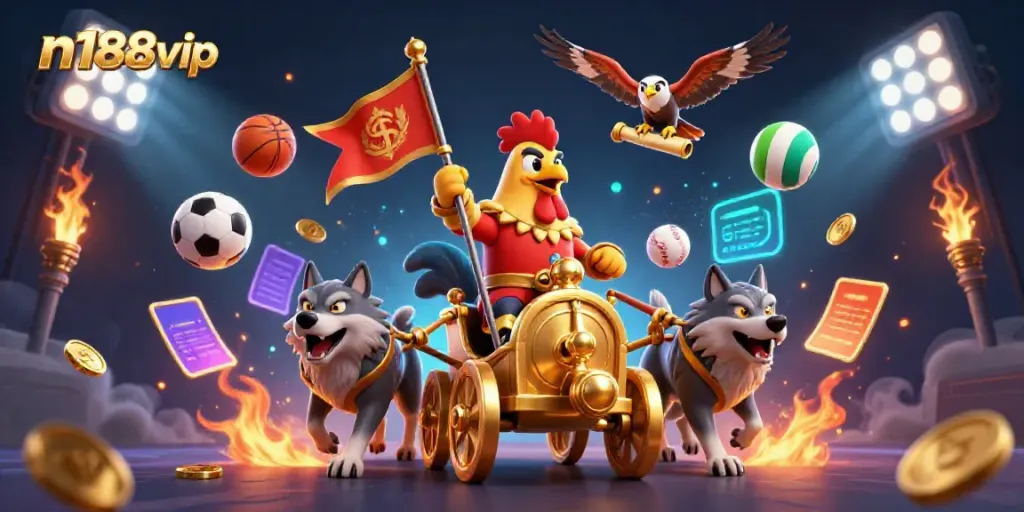 Experience the excitement of n188vip with a dynamic 3D illustration featuring a rooster warlord, sports elements, and vibrant game details.