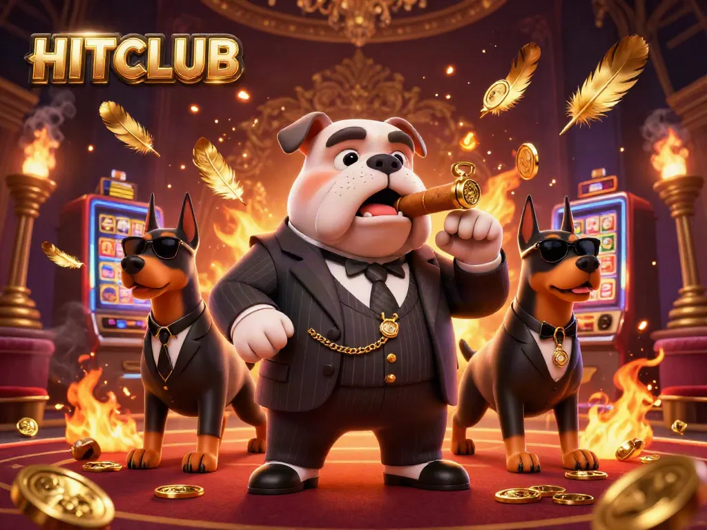 HITCLUB showcases a vibrant casino scene with a mafia bulldog and Doberman bodyguards, immersed in gaming excitement.