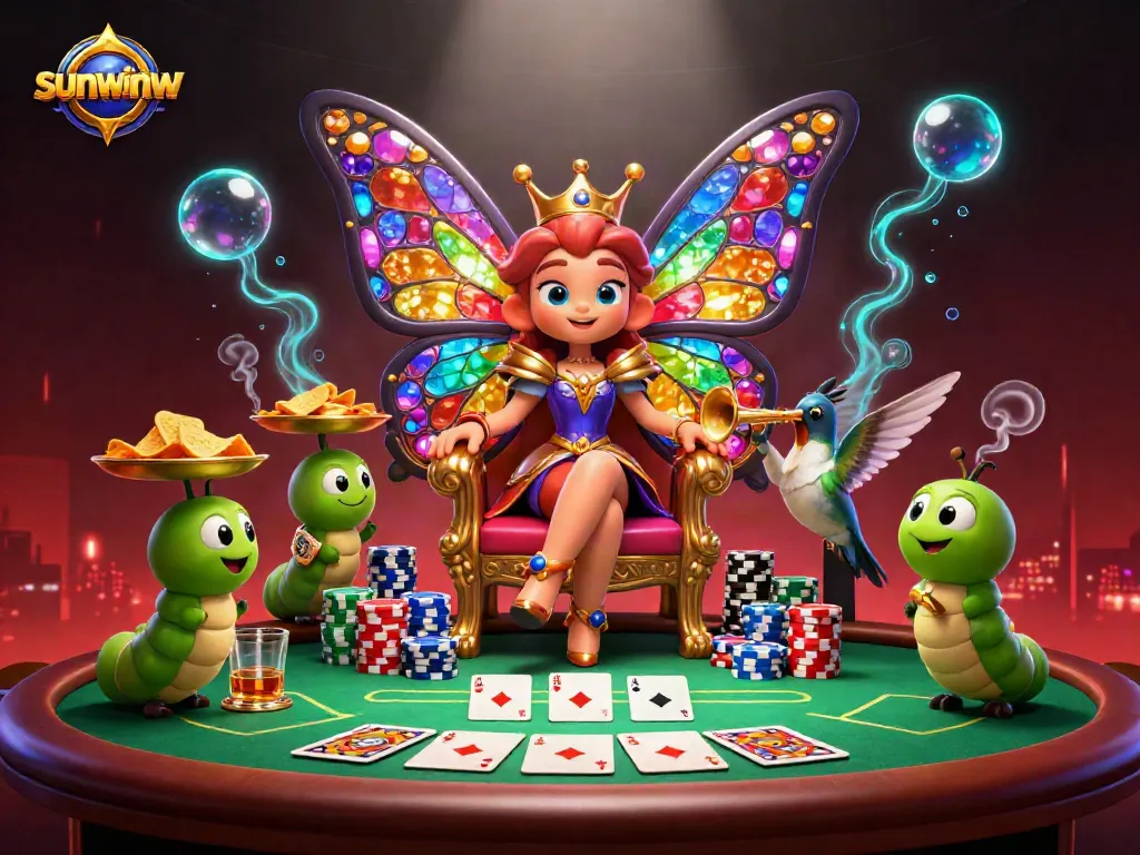 Experience the thrill of play at sunwinw with a vibrant casino scene featuring a butterfly queen and poker elements.