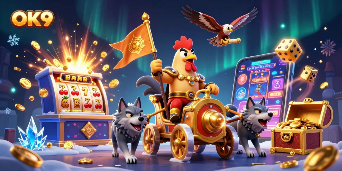 Experience the thrilling excitement of OK9 with a golden war chariot and casino elements