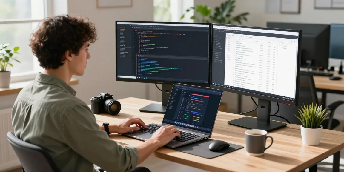 Dynamic tech workspace with a programmer coding on dual monitors showcasing ia +18 development projects, highlighting innovation and collaboration.