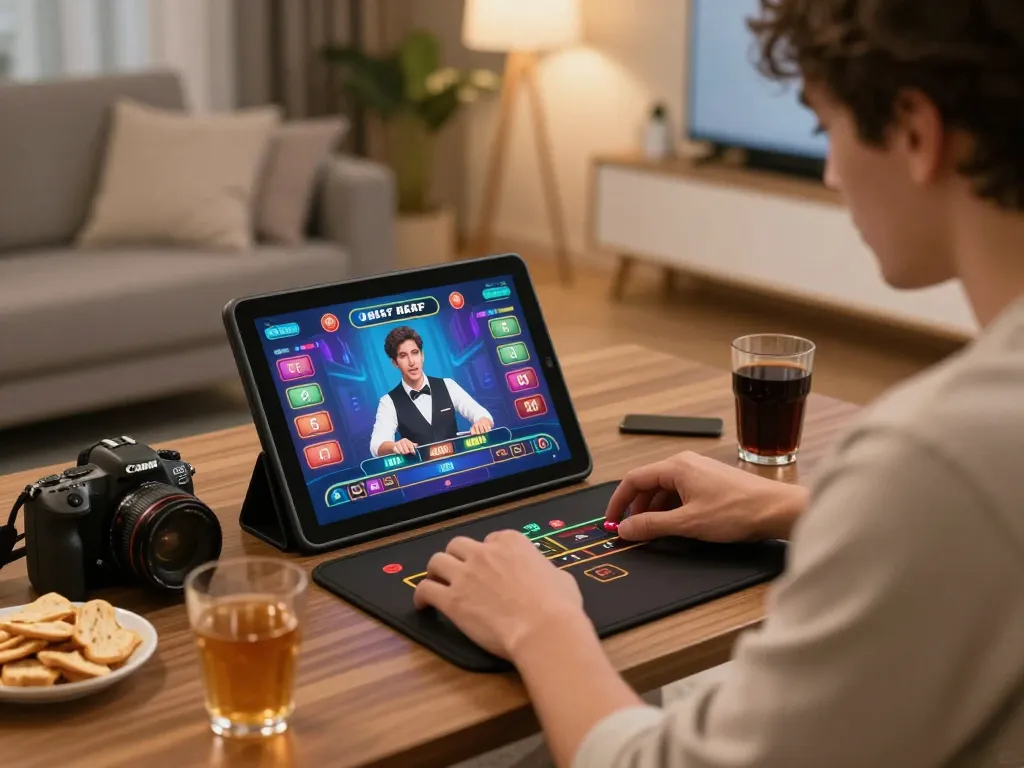 Player enjoying live casino at V9BET on a tablet in a cozy setting with snacks.