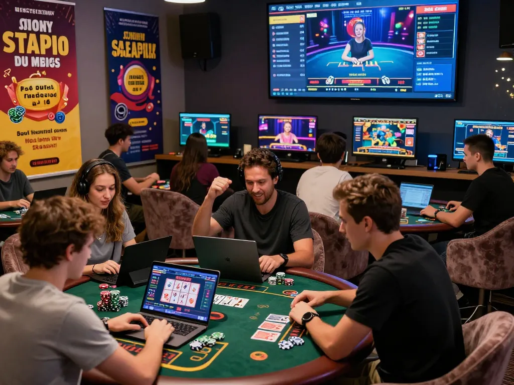 Online gaming excitement with players at https://gem88.com.mx/ enjoying diverse casino games in a vibrant virtual lounge.