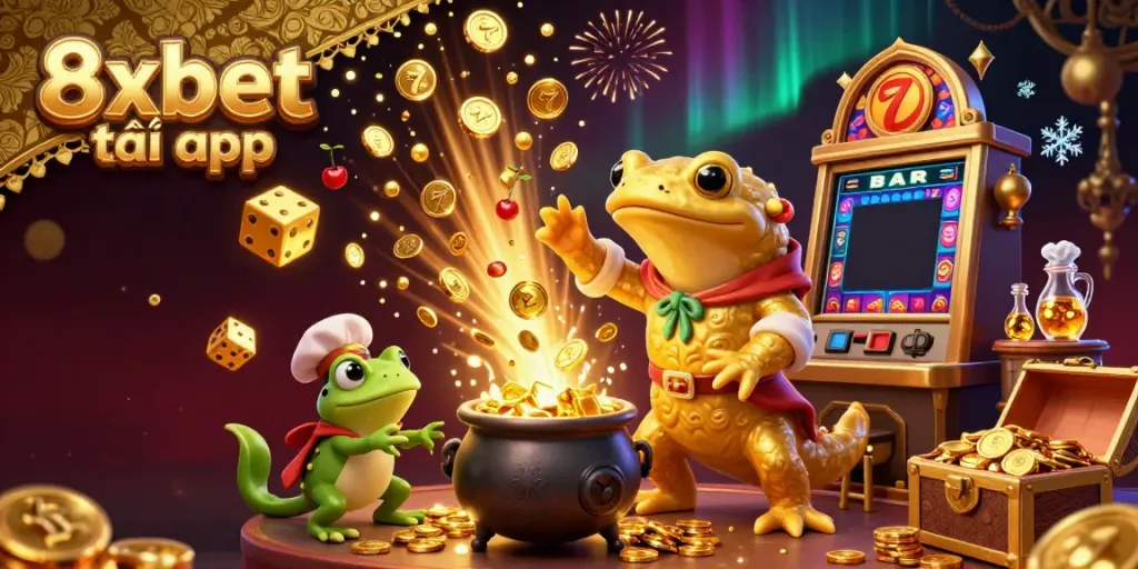 Experience the excitement of the 8xbet tải app with this vibrant, dynamic 3D casino scene filled with gold coins and jackpots.