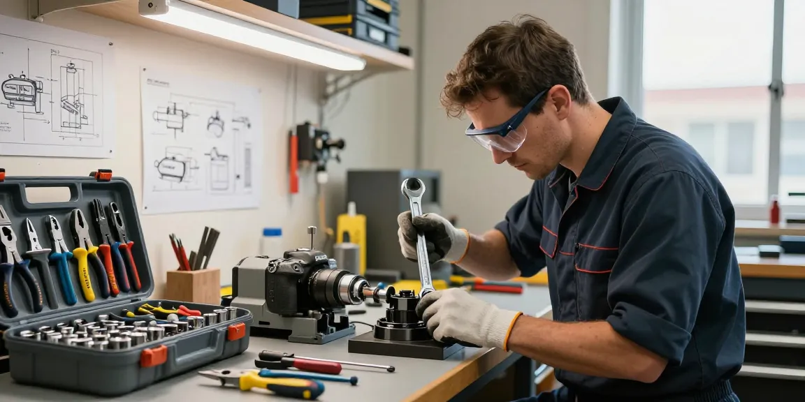 Technician using Gedore tools to repair machinery in a workshop.