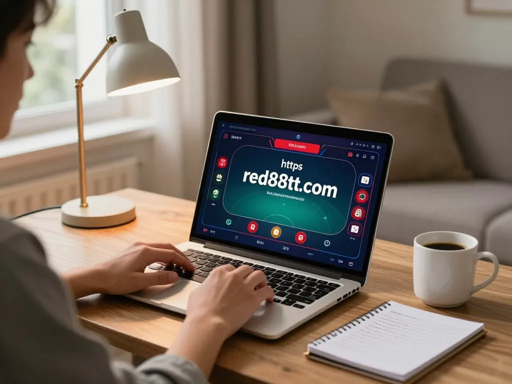 Playing poker at https://red88tt.com/ on a laptop in a cozy home office.