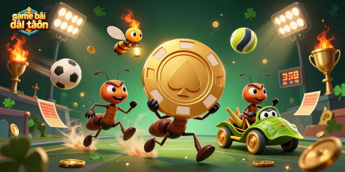 Engaging ants heist with a golden poker chip in a dynamic game bài đổi thưởng scene featuring sports elements.