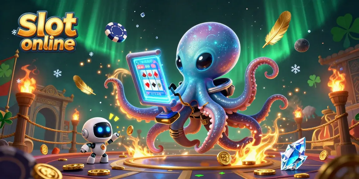 Play immersive slot online games with the alien octopus as it operates a holographic machine surrounded by excitement.