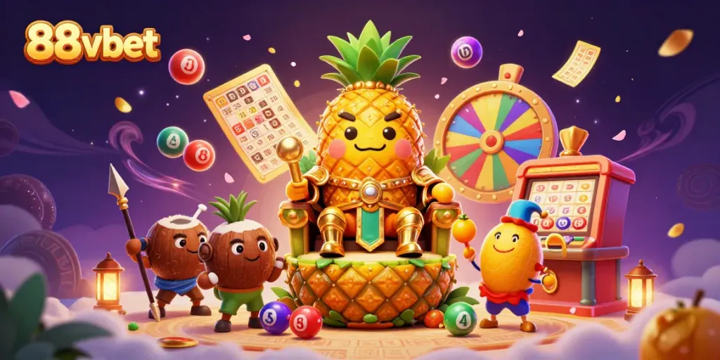 Experience the vibrant world of 88vbet with a golden pineapple king and dynamic casino elements.