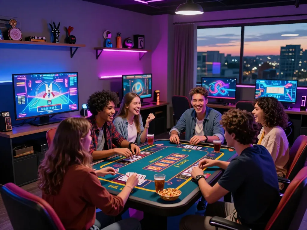 Friends enjoying a gaming night with 789 club card games in a vibrant online lounge.