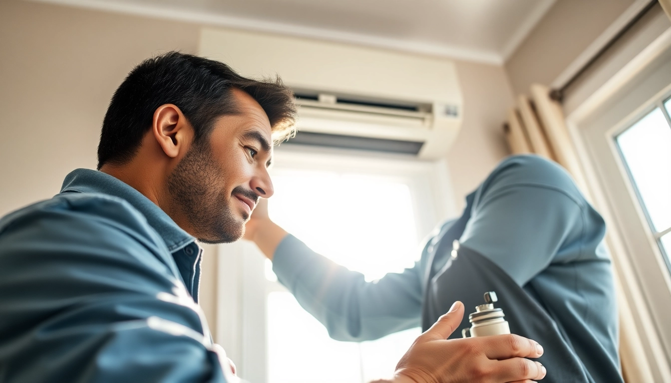 Air Conditioning Repair Tampa services by a skilled technician fixing a unit in a bright home environment.