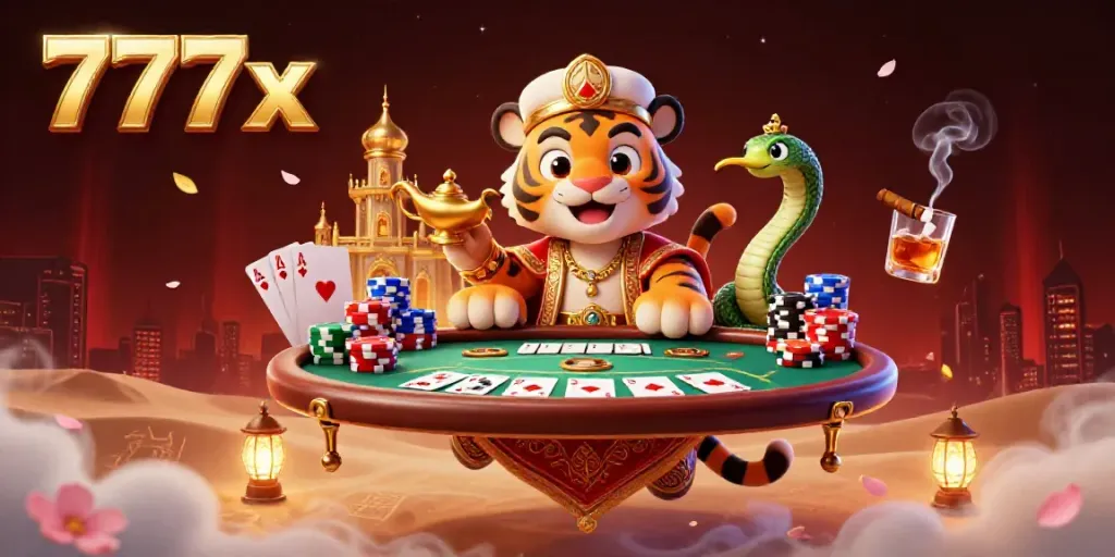 Experience the excitement of casino gaming with vibrant 777x illustration featuring a tiger sultan at a poker table.
