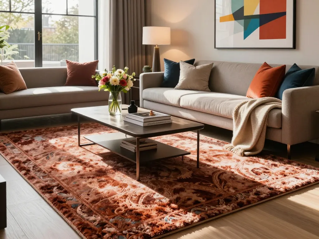 Stylish living room with luxury carpets London, modern decor, warm light.